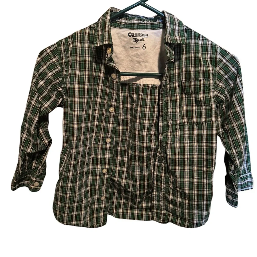OshKosh B’gosh Boys Plaid Shirt Size 6 Green White Long Sleeve Button-Up